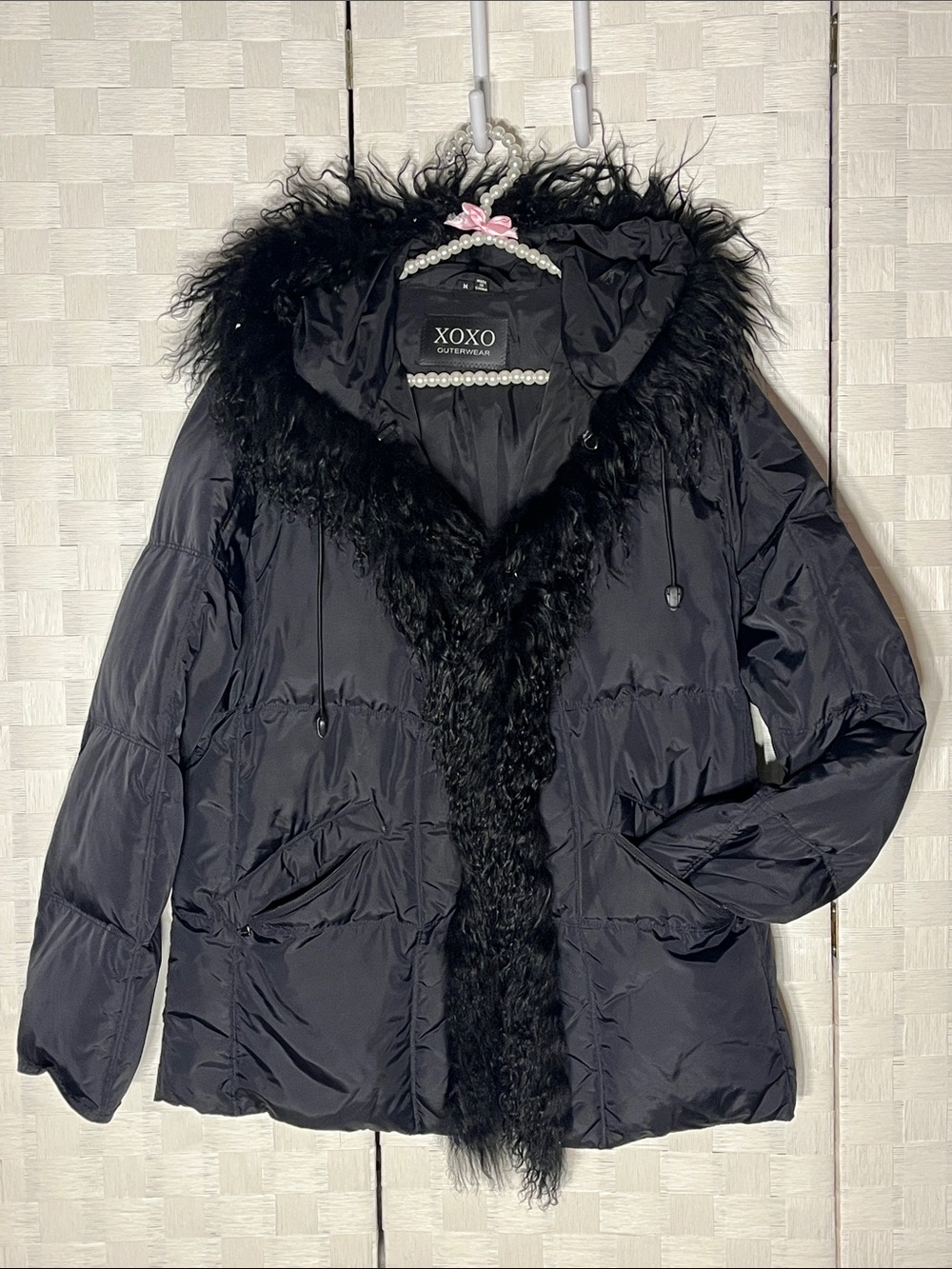XOXO Black Faux-Fur Trim Hooded Puffer Coat